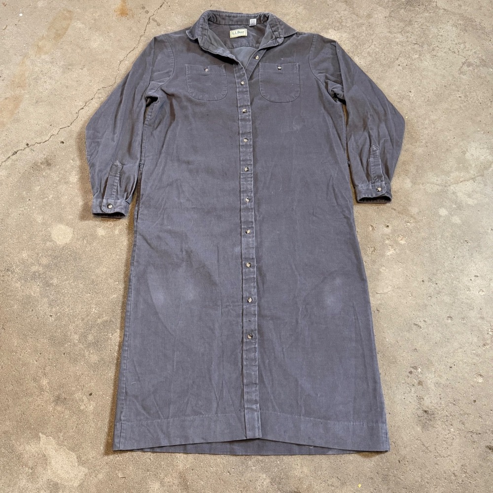 LL Bean Corduroy Shirt Dress Womens 16 Gray Long Sleeve Button Front Midi Maxi